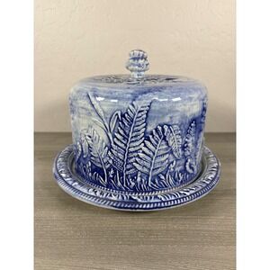 RARE! Antique Majolica Ironstone Domed Fern Cheese Keeper Blue White Marked!